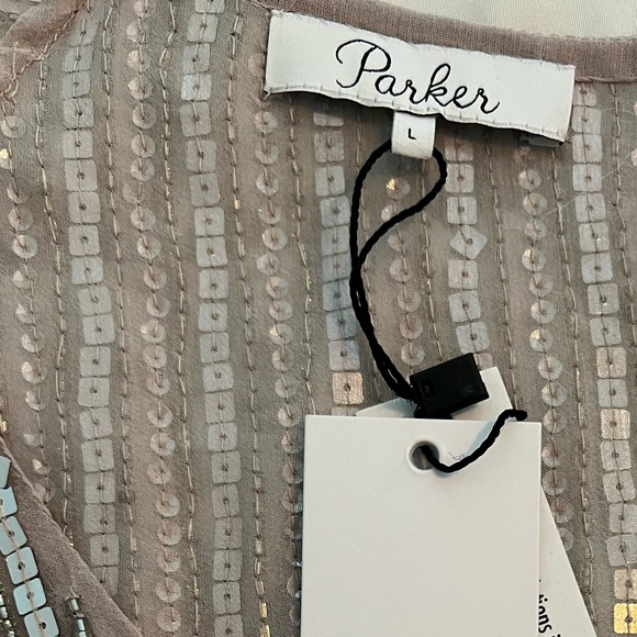 - Parker Silver Sequin Beaded  Blush Silk Blouse L - Picture 10 of 12